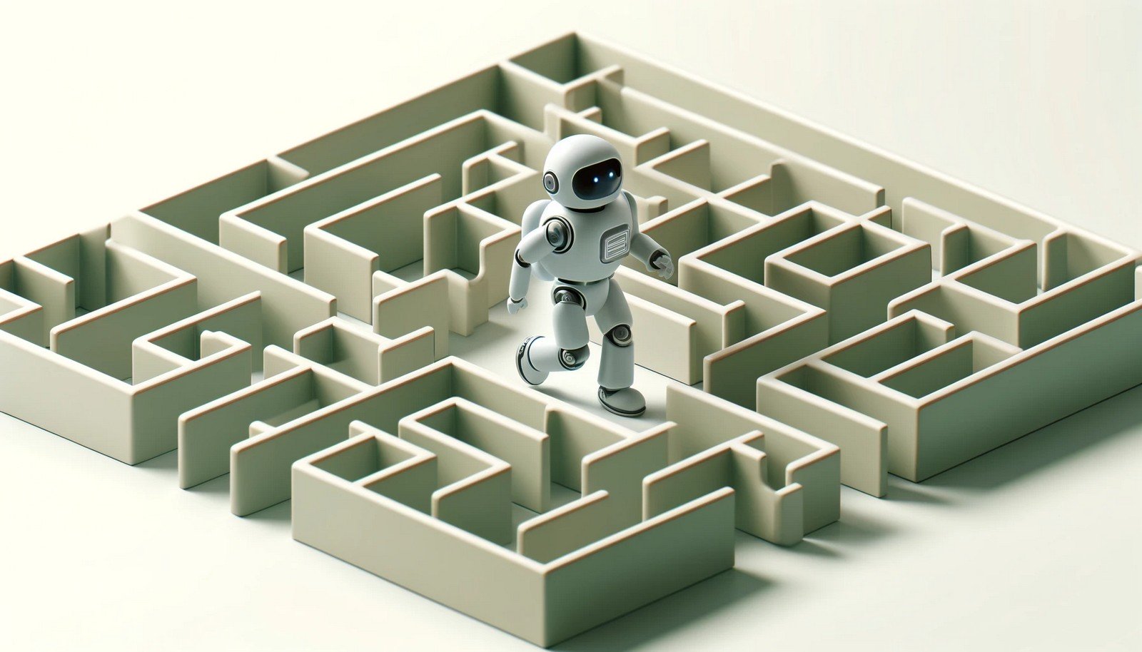 A 3D illustration showing an AI robot navigating a maze-like structure with branching pathways, representing the process of policy iteration, exploring different paths to reach optimal decisions, symbolizing iterative learning.