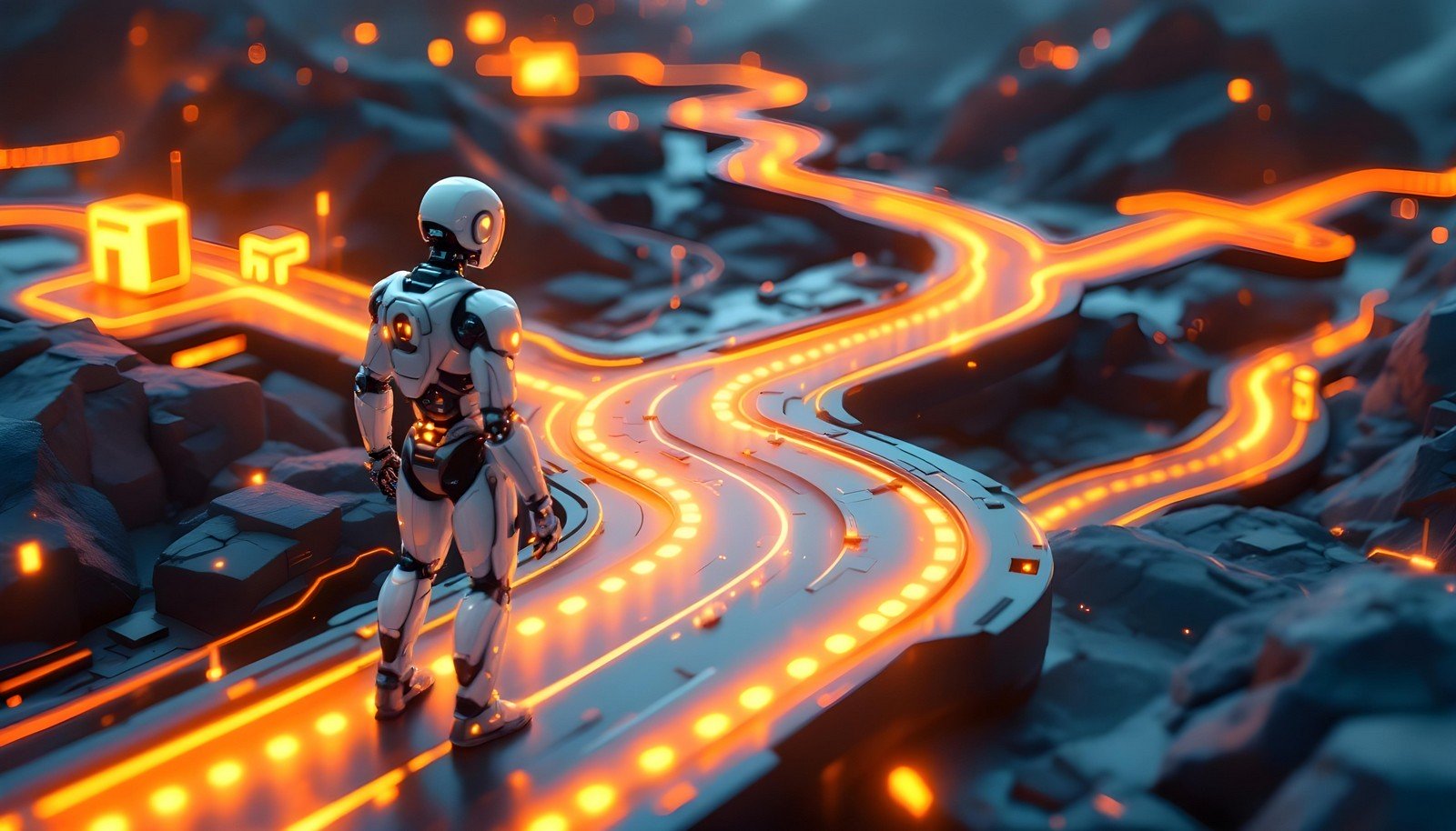 A 3D illustration showing a robot at a crossroads with multiple paths, one leading to familiar symbols exploitation and another to an unknown, mysterious path exploration, emphasizing decision-making tension.