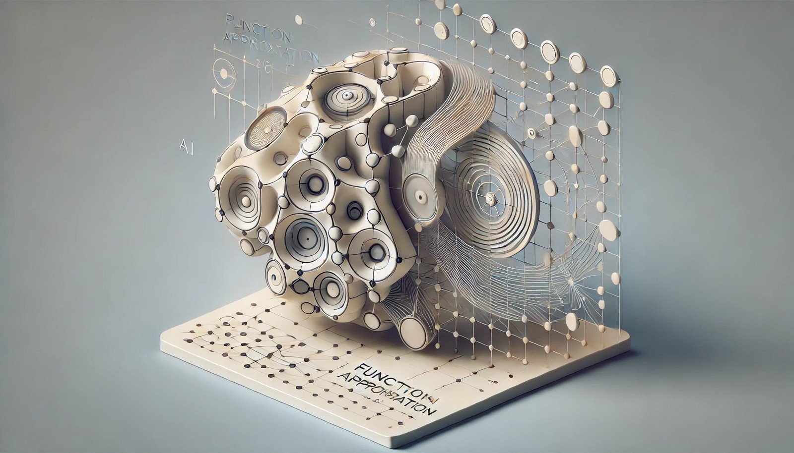 A 3D illustration visualizing an AI model using function approximation, represented by a neural network structure mapping complex data inputs to outputs, emphasizing pattern generalization on a subtle gradient background.