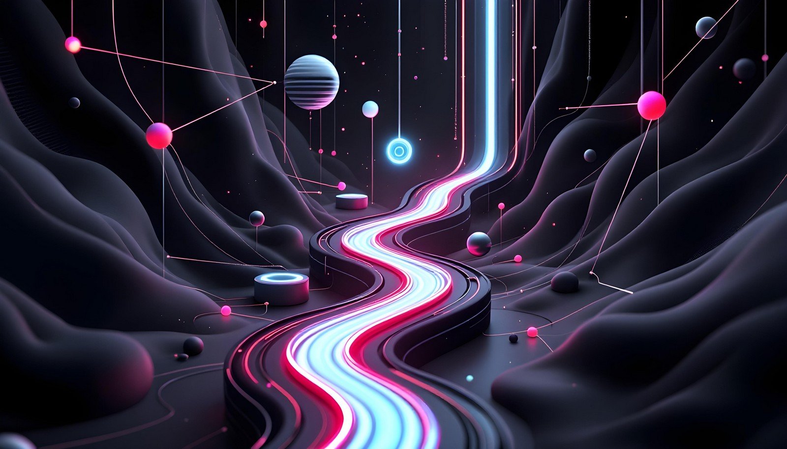 3D illustration depicting the concept of Continuous Action Space in AI. Show an abstract representation of fluid and adaptable movement, with elements symbolizing AI decision-making pathways, dynamically adjusting in a smooth, continuous manner.