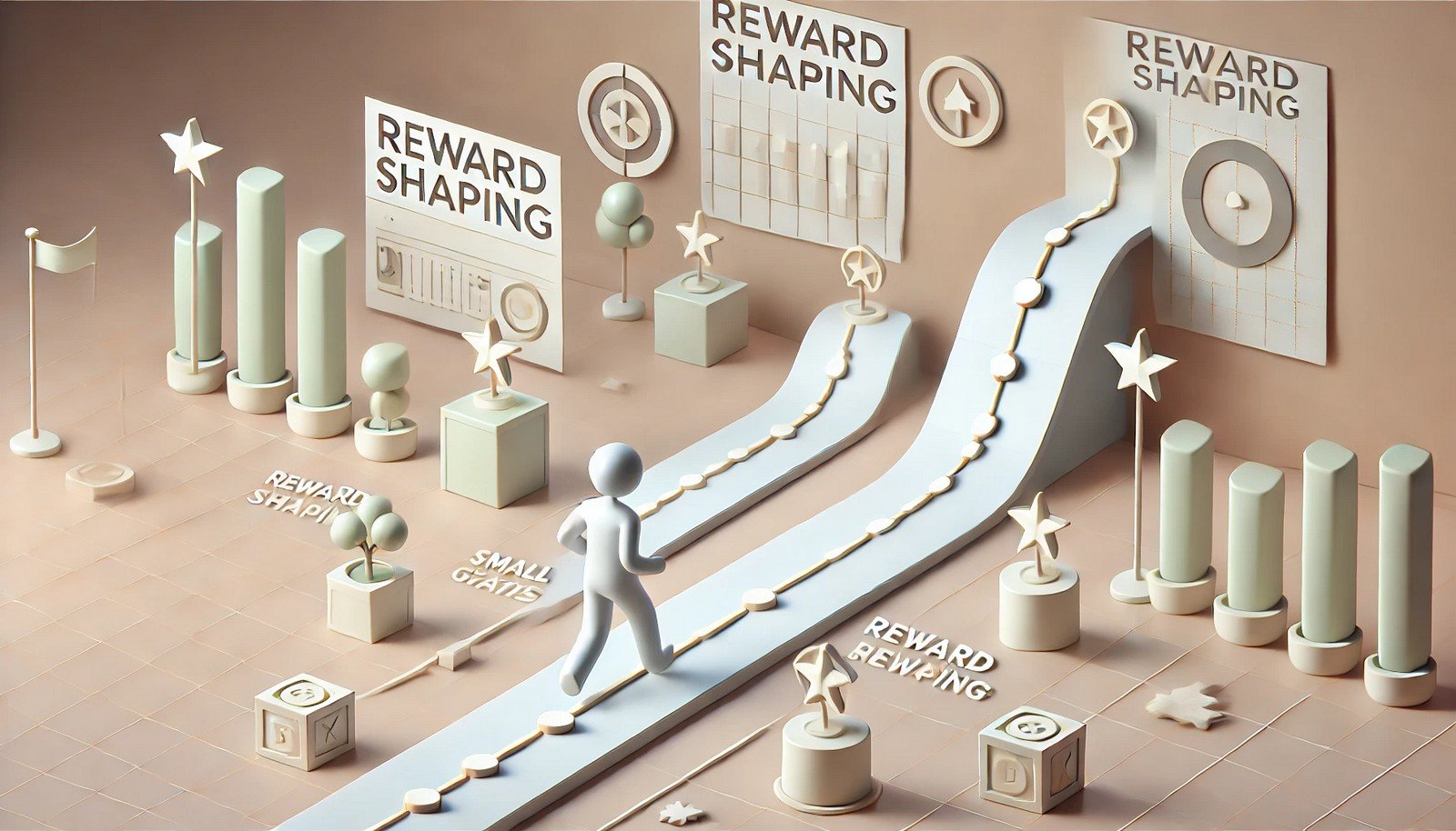 A 3D scene depicting an AI agent on a path, moving toward a distant goal. Along the path, small rewards appear at intervals, guiding the agent’s progress in a clean, minimalist environment.