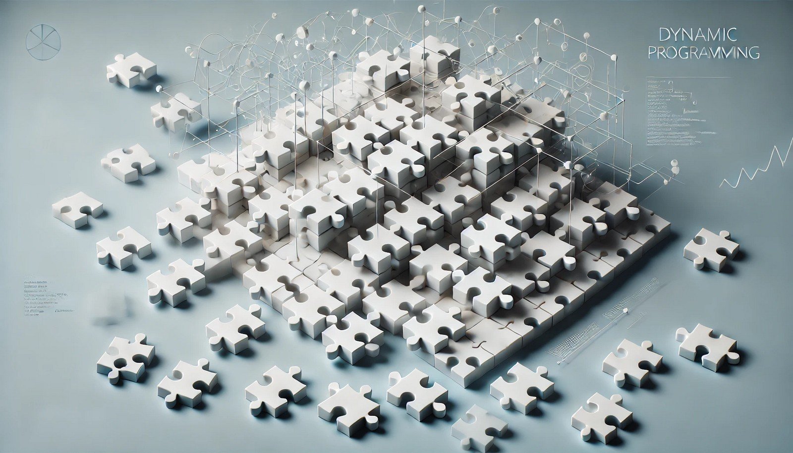 A 3D illustration visualizing dynamic programming, with interconnected puzzle pieces representing smaller subproblems that join seamlessly into a larger, cohesive solution, symbolizing efficient problem-solving in computational tasks.