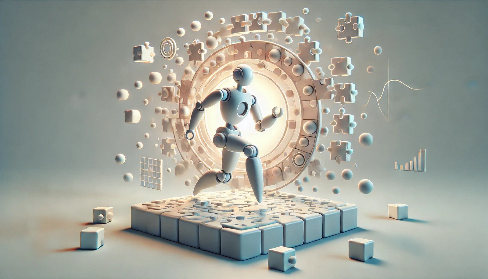 A 3D illustration of an abstract robotic figure engaging with a complex, puzzle-like environment, representing trial and error learning. The scene features soft lighting and smooth textures, symbolizing adaptability.