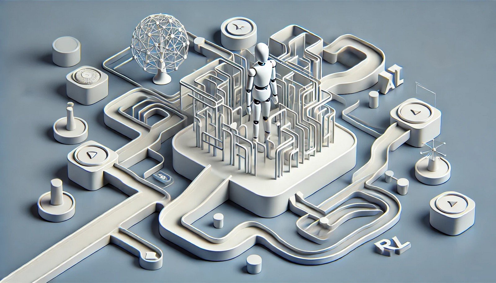 A refined 3D illustration of Model-Based Reinforcement Learning, featuring an abstract AI figure in a simulated environment with branching pathways, illustrating analyzed decision possibilities, with no additional elements or text.