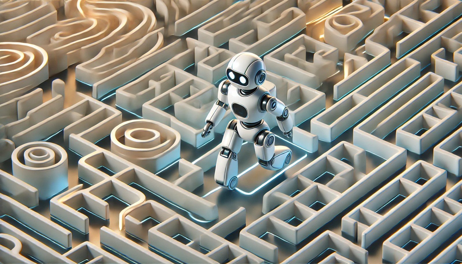 A 3D illustration of a robotic agent exploring a futuristic maze with multiple pathways, symbolizing the Soft Actor-Critic algorithm. Some pathways are highlighted to represent optimized routes learned through exploration.