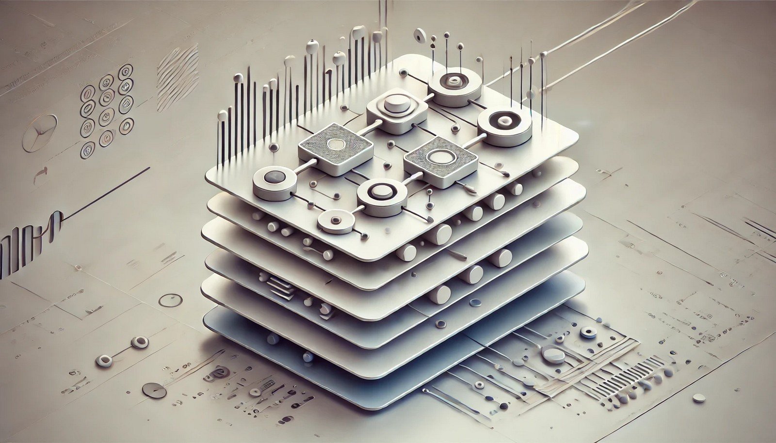 A clean 3D representation of the Cross-Entropy Method in AI, with layered structures symbolizing iterative learning and error reduction, where a robot progressively achieves clearer predictions against a gradient background.