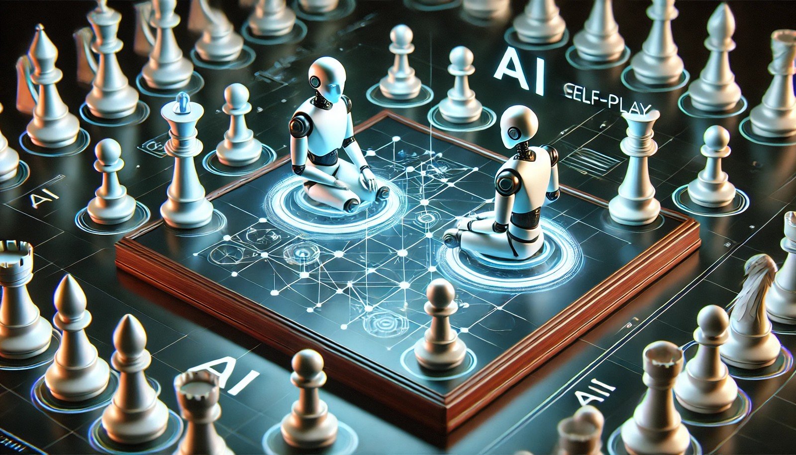 A 3D illustration of AI "Self-Play" concept, featuring two AI agents competing on a futuristic digital game board with strategic moves, in a high-tech environment with dynamic lighting.