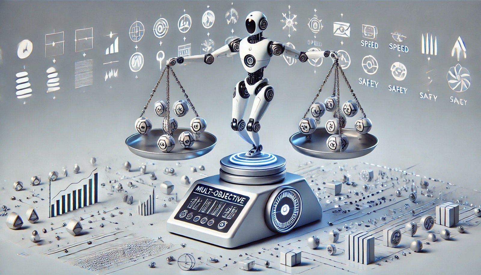 A high-tech 3D illustration showing a futuristic robot balancing multiple objectives like speed, energy efficiency, and safety on a scale, symbolizing the complex decision-making in multi-objective reinforcement learning.