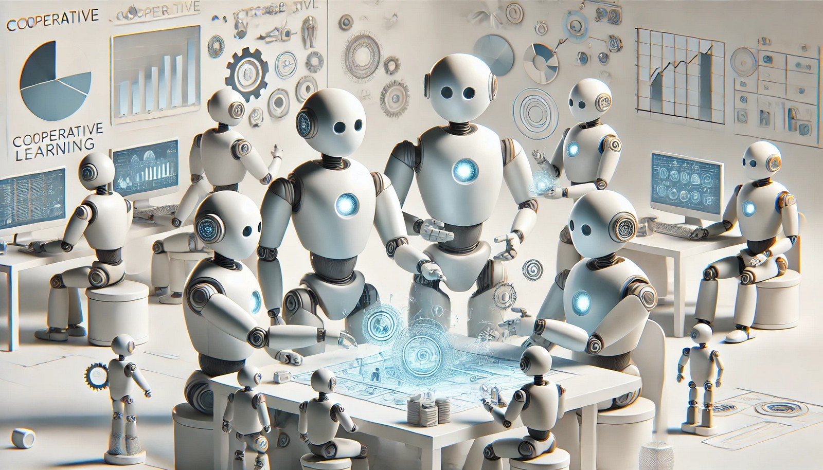 A 3D illustration of AI robots in a cooperative learning environment, working together on a task in a futuristic, clean workspace. The scene emphasizes teamwork and technological collaboration without text or labels.