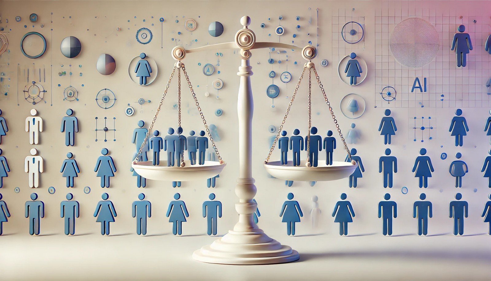 A 3D illustration of algorithmic fairness, showing balanced scales with diverse abstract figures on each side, symbolizing unbiased AI. The background has a soft gradient, suggesting inclusivity and impartiality.