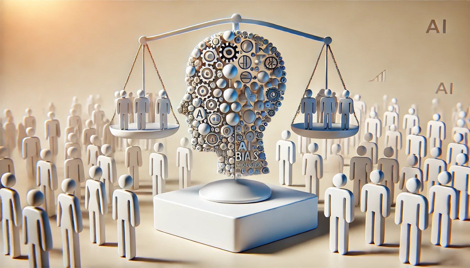 A clean, 3D illustration of bias mitigation in AI, with diverse groups balancing an abstract AI model, symbolizing inclusivity and fairness in a modern, harmonious setting.