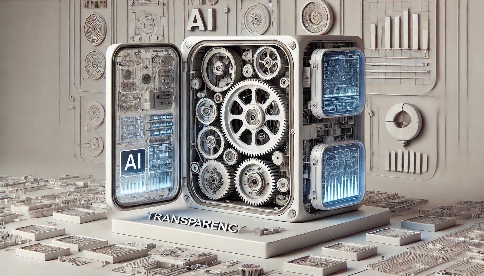 A futuristic AI machine with open compartments, revealing intricate gears, screens, and circuitry, symbolizing transparency and clarity in decision-making. Set in a minimal, sleek environment with a focus on detail.