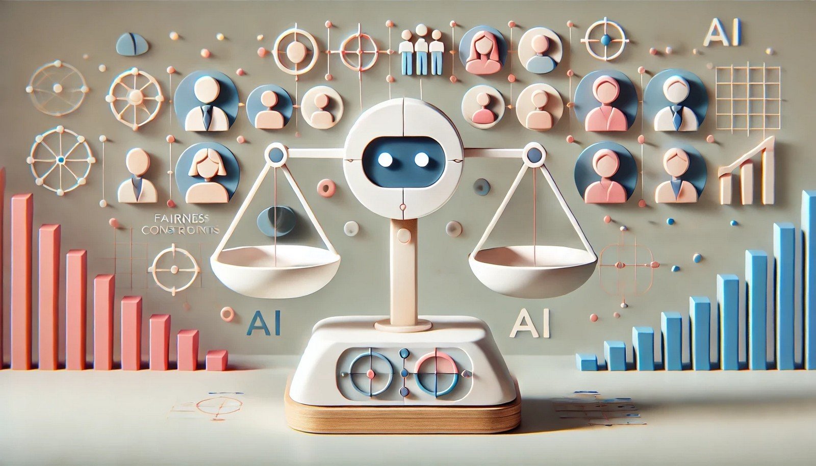 A minimalistic 3D illustration with a balanced scale representing fairness constraints in AI. The design is modern and clean, with a focus on harmony and ethical balance against a simple background.