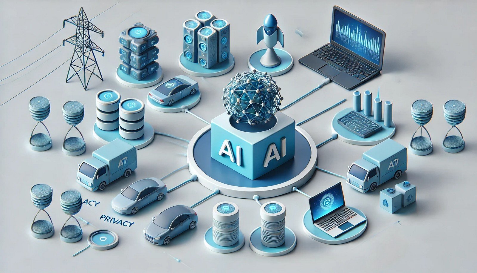 A 3D illustration of Federated Learning featuring interconnected devices like smartphones and IoT sensors, each generating data locally and collaboratively updating a central AI model, symbolizing privacy and decentralization.