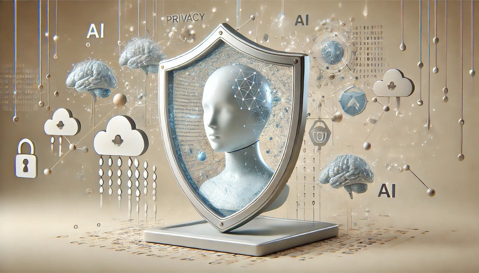 A minimalist 3D illustration of privacy-preserving AI, featuring a digital shield around an AI model with abstract data flows and secure nodes, symbolizing protected, private data processing.