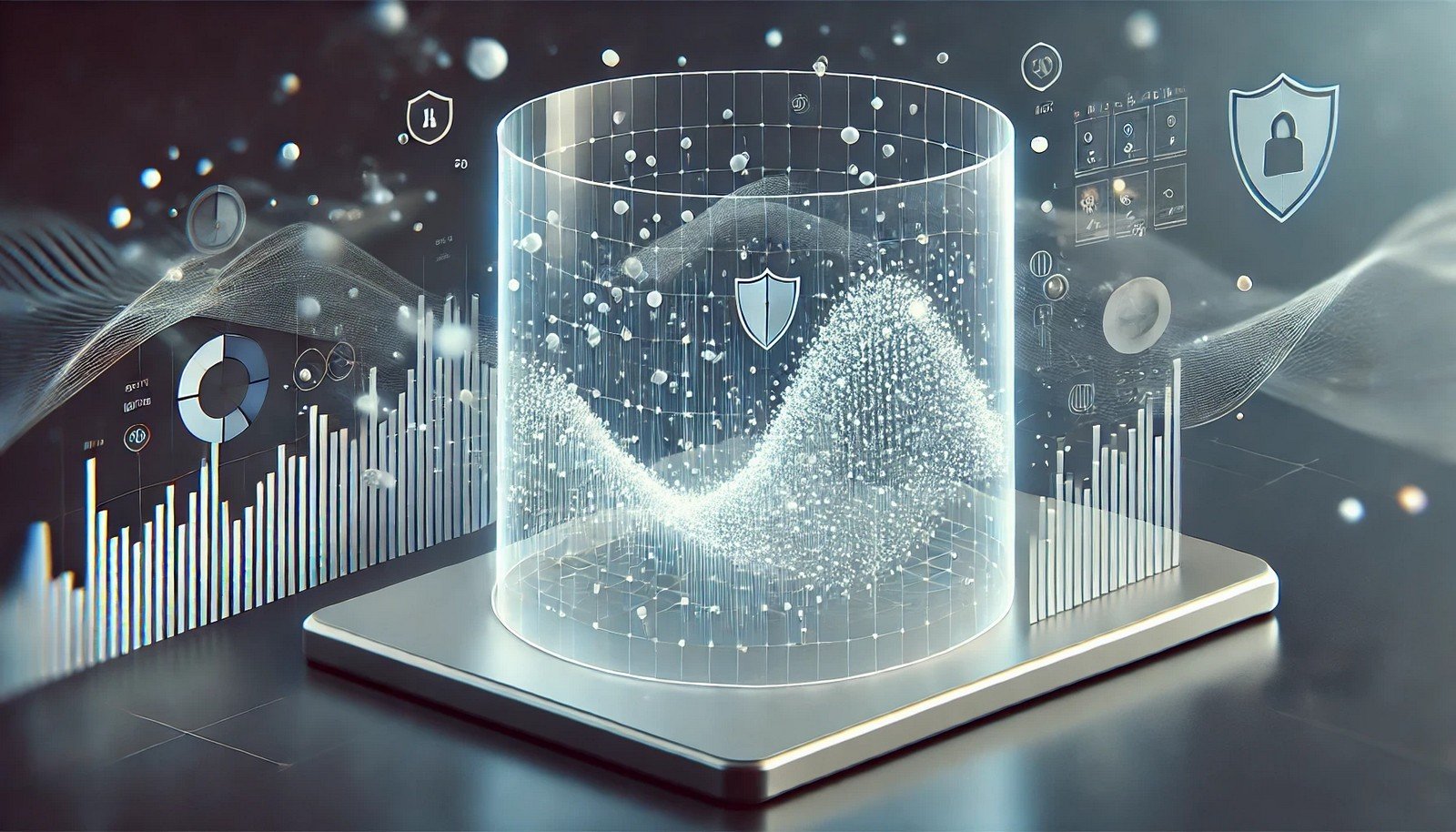 3D illustration of differential privacy showing blurred data points behind a translucent barrier with abstract particles representing added noise, symbolizing secure and privacy-preserving data handling.