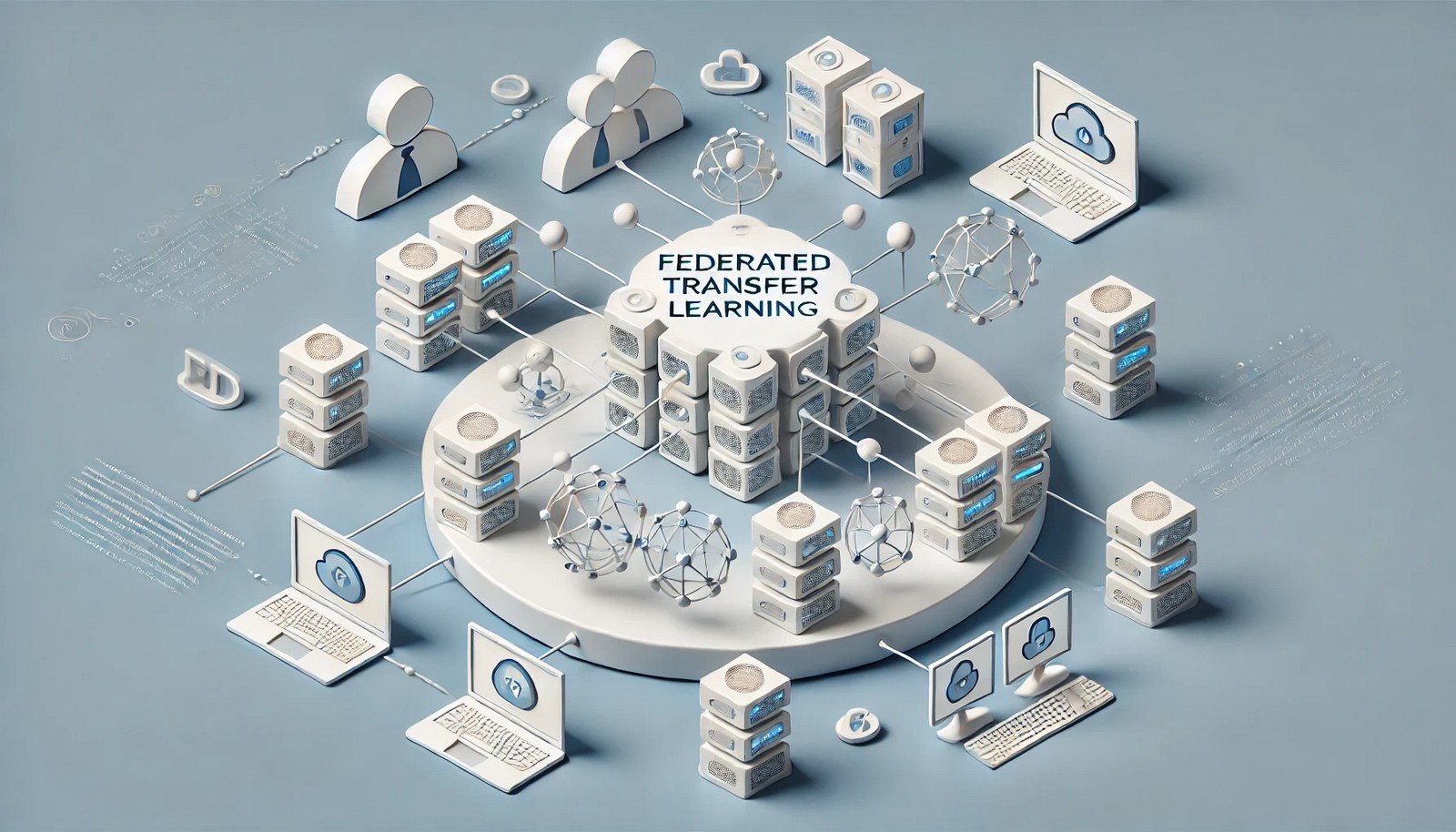 A 3D illustration showing Federated Transfer Learning, with interconnected devices representing collaborative knowledge sharing while maintaining data privacy, highlighting distributed learning in a minimalistic, modern style.