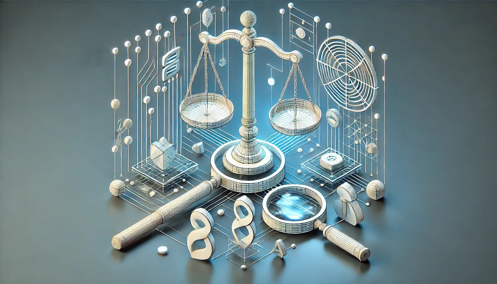 3D illustration of algorithmic accountability in AI, showing a transparent algorithmic structure interacting with symbols of ethics, such as scales and magnifying glass, representing transparency, fairness, and responsibility.