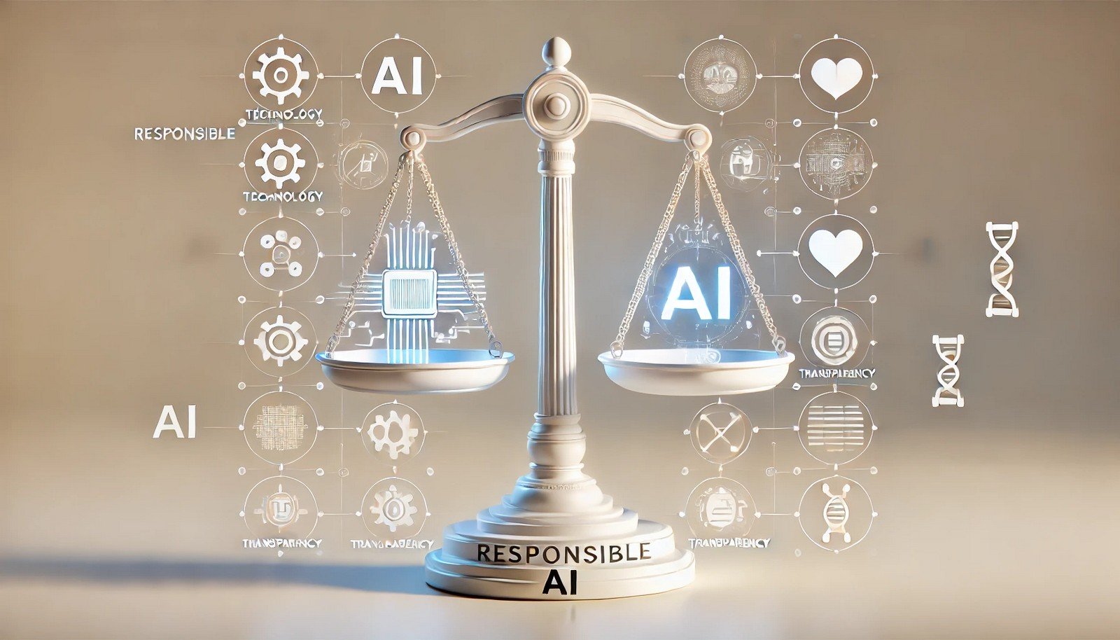 A 3D illustration showing a balance scale with technology icons like gears and circuits on one side, and ethical principles symbols like justice scales, a heart, and transparency on the other. Minimalist, light background.