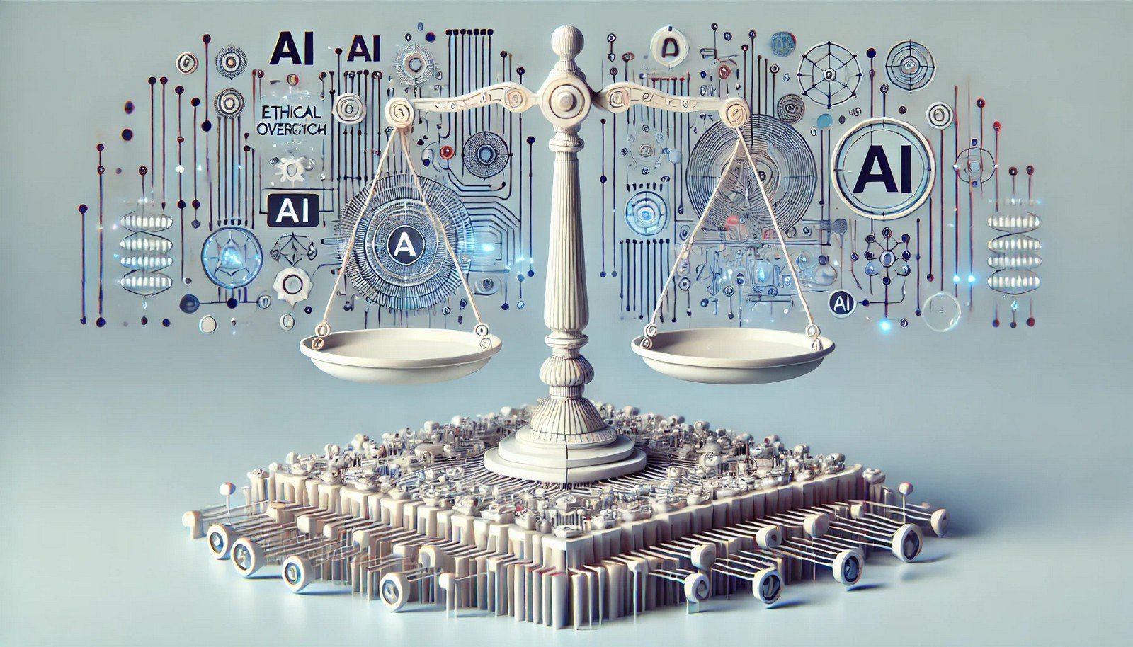 A 3D representation of AI Governance with layered, interconnected data streams, regulatory shields, and floating nodes, symbolizing structured oversight, ethical standards, and secure governance within AI systems.