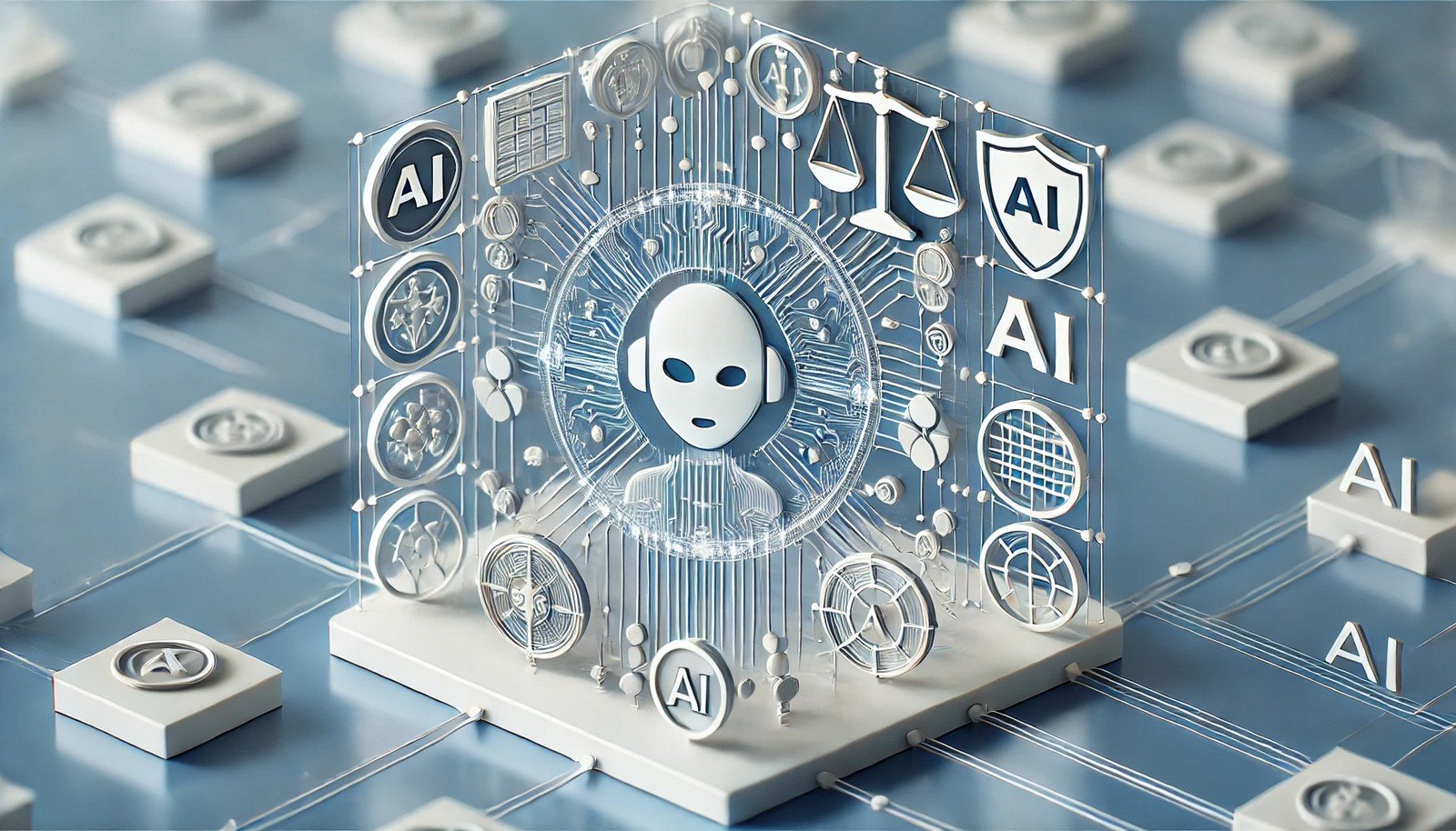 A structured AI system enclosed in transparent panels, symbolizing AI Compliance. Protective regulatory symbols like shields and scales surround it, representing transparency, ethics, and accountability within the AI framework.