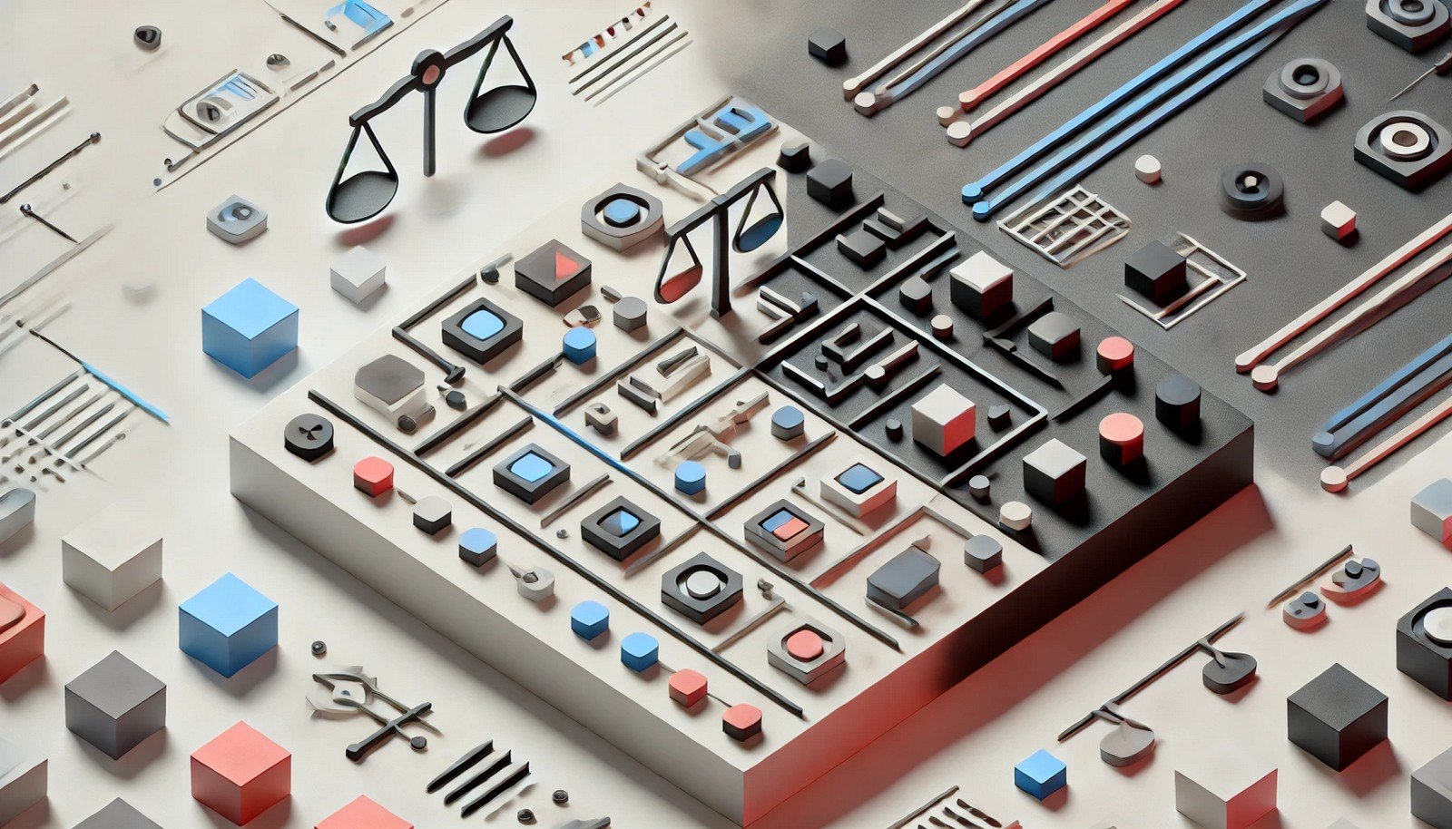 Abstract 3D representation of algorithmic discrimination with contrasting colors symbolizing bias, showing a digital decision process favoring one group and disadvantaging another, highlighting fairness and ethics.