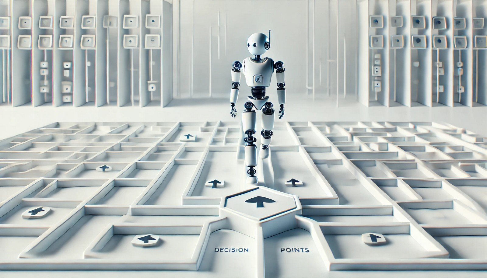 A 3D robot in a futuristic environment with multiple paths, illustrating autonomous decision-making. The robot appears poised, independently choosing directions, reflecting AI's capacity for real-time, self-guided decisions.