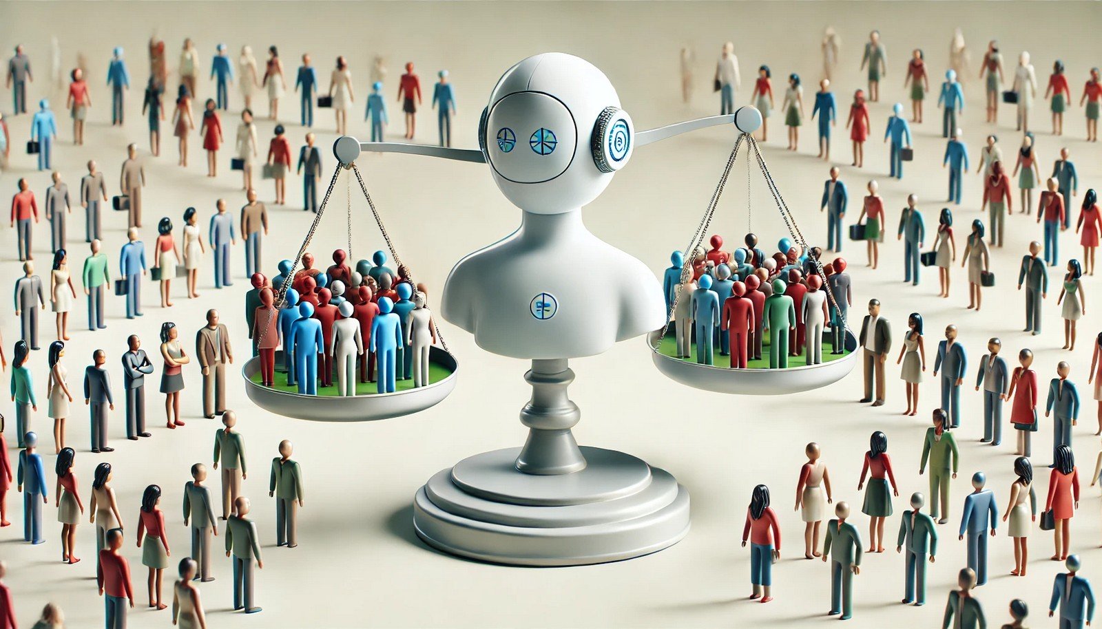 3D illustration of a neutral AI entity analyzing diverse groups represented by various individuals, symbolizing fairness, equality, and impartiality in AI decision-making.