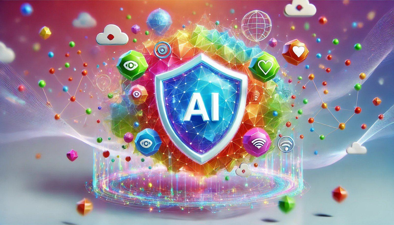 A colorful 3D illustration of Trustworthy AI, featuring an abstract AI core shielded by a translucent, geometric structure with bright, floating symbols in a dynamic, futuristic environment.