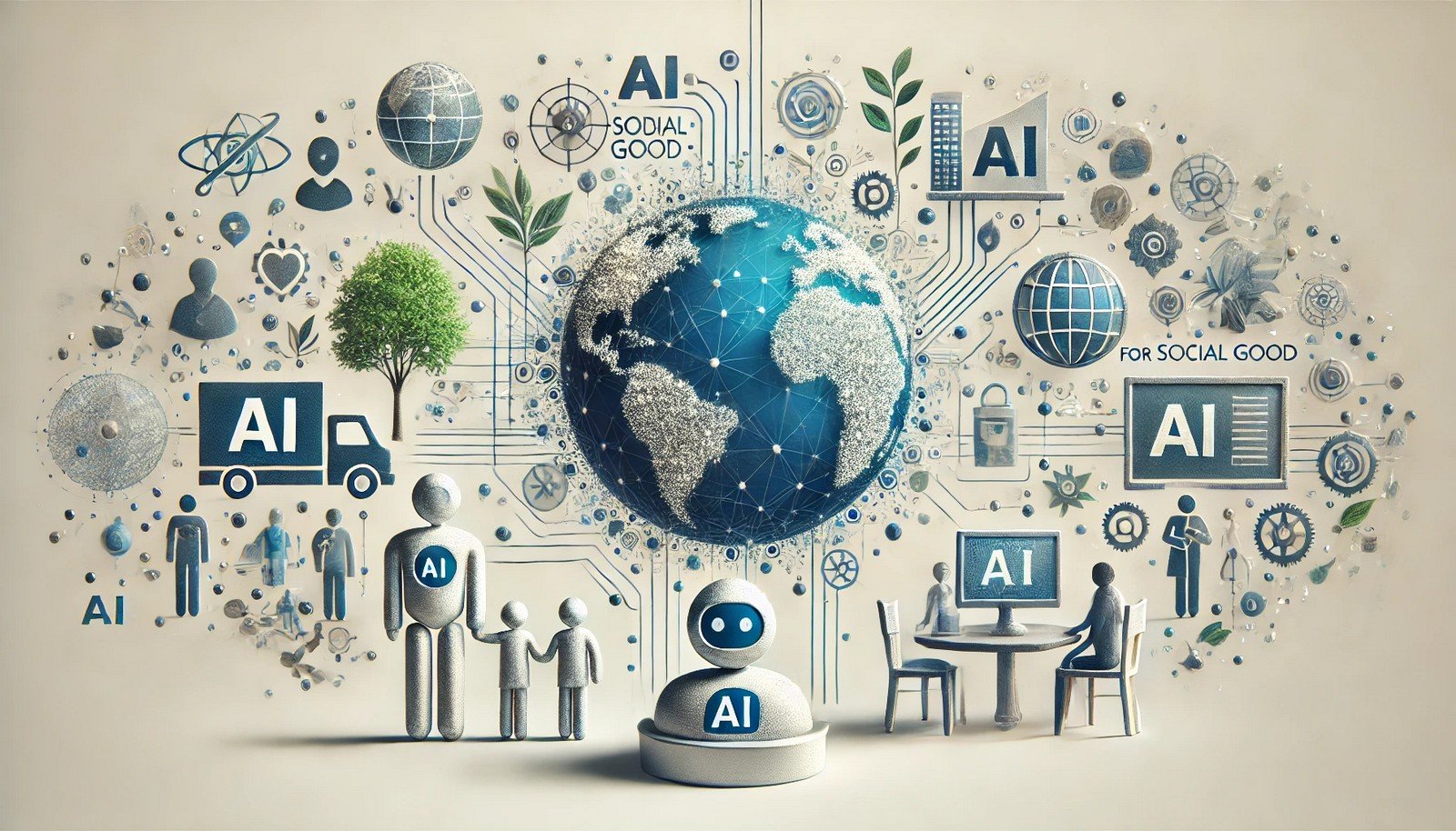 A 3D illustration showing AI-powered machines supporting social initiatives in healthcare, education, and environmental sustainability. The image suggests human connection and global well-being through a hopeful, futuristic lens.