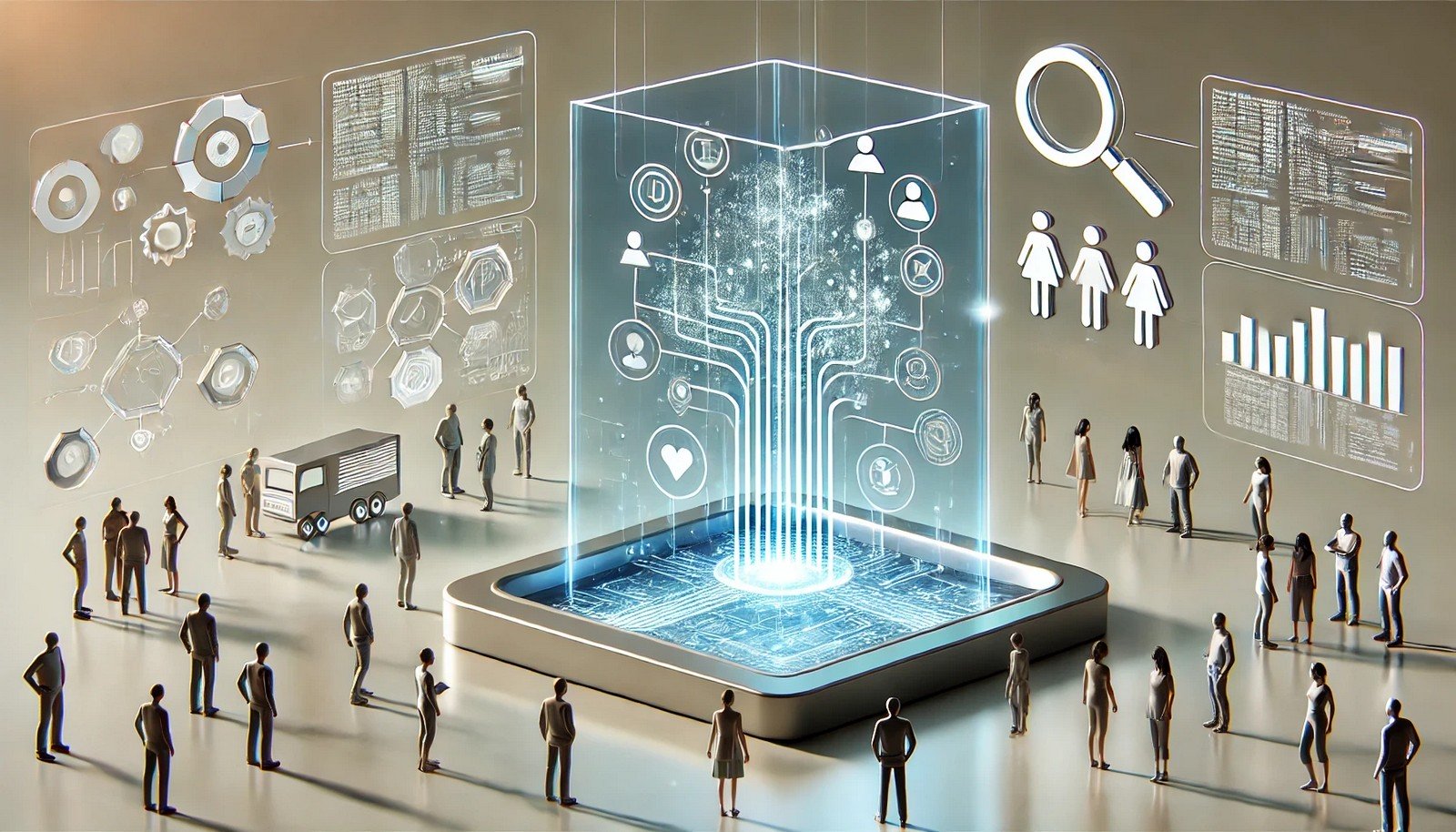 3D illustration of algorithmic transparency with a holographic flowchart interface, symbolizing clarity in data processing, set in a modern, minimalistic background with no text or figures.