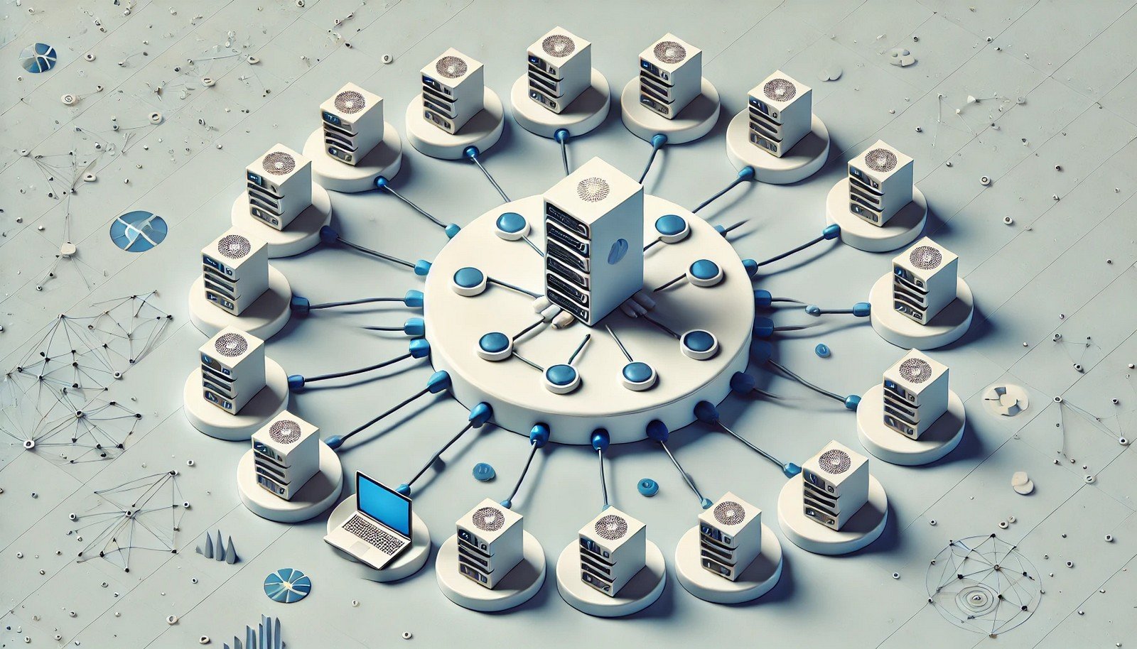 3D illustration of Federated Averaging in machine learning, featuring a central server connected to decentralized devices in a circular arrangement, symbolizing collaborative learning with data privacy and secure knowledge sharing.