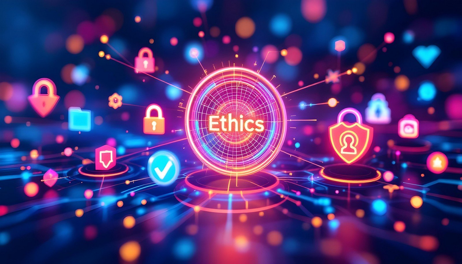 A unique, clean 3D illustration depicting the concept of digital ethics, showing interconnected symbols of privacy, fairness, accountability, and data protection in a digital web setting.