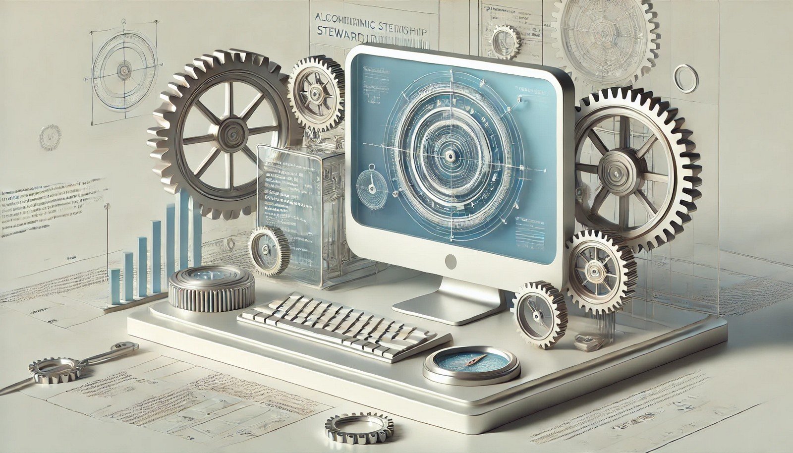 A 3D illustration of algorithmic stewardship, featuring a modern computer within a futuristic workspace, surrounded by interlocking gears, transparent code, and a digital compass in metallic and blue tones.