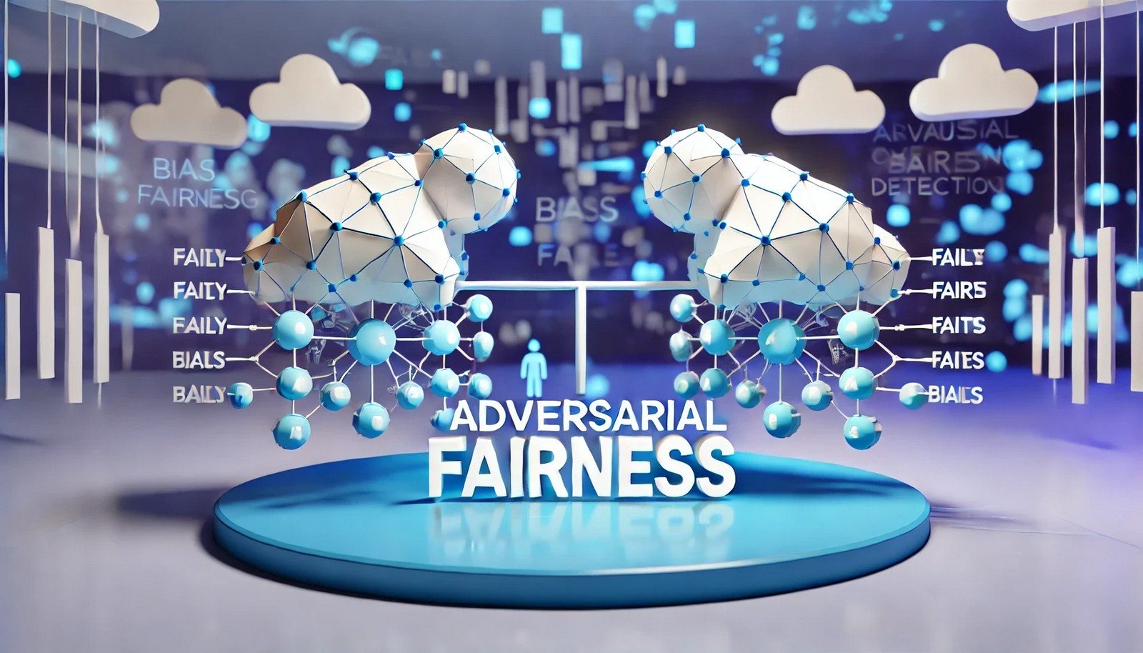 Modern 3D representation of 'Adversarial Fairness' in a digital realm, with two harmonious entities symbolizing fairness and bias detection, collaboratively balancing data processing in a futuristic setting.