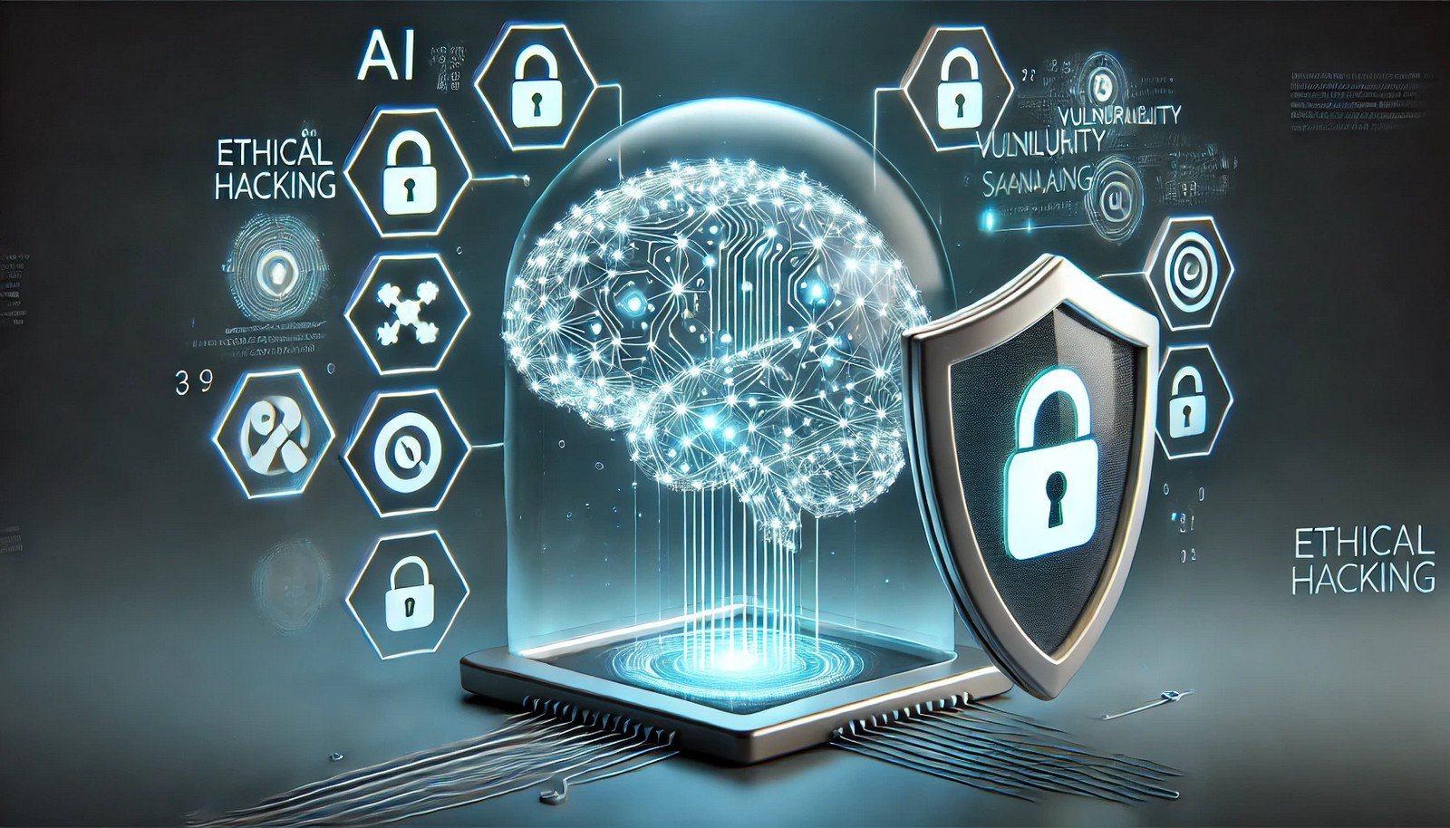 A 3D illustration of an AI system as a glowing digital brain shielded by a transparent barrier, surrounded by security icons suggesting ethical hacking to protect against vulnerabilities.