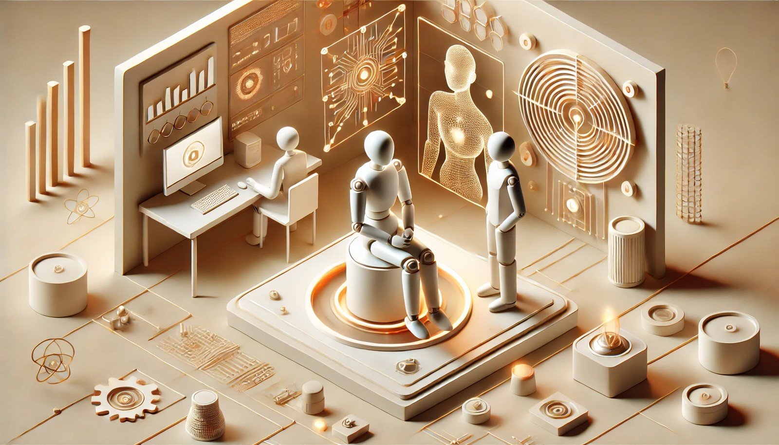 A futuristic 3D illustration depicting Human-centered AI with an AI system and human in a collaborative workspace, symbolizing empathy and balance between technology and humanity in a harmonious, modern setting.