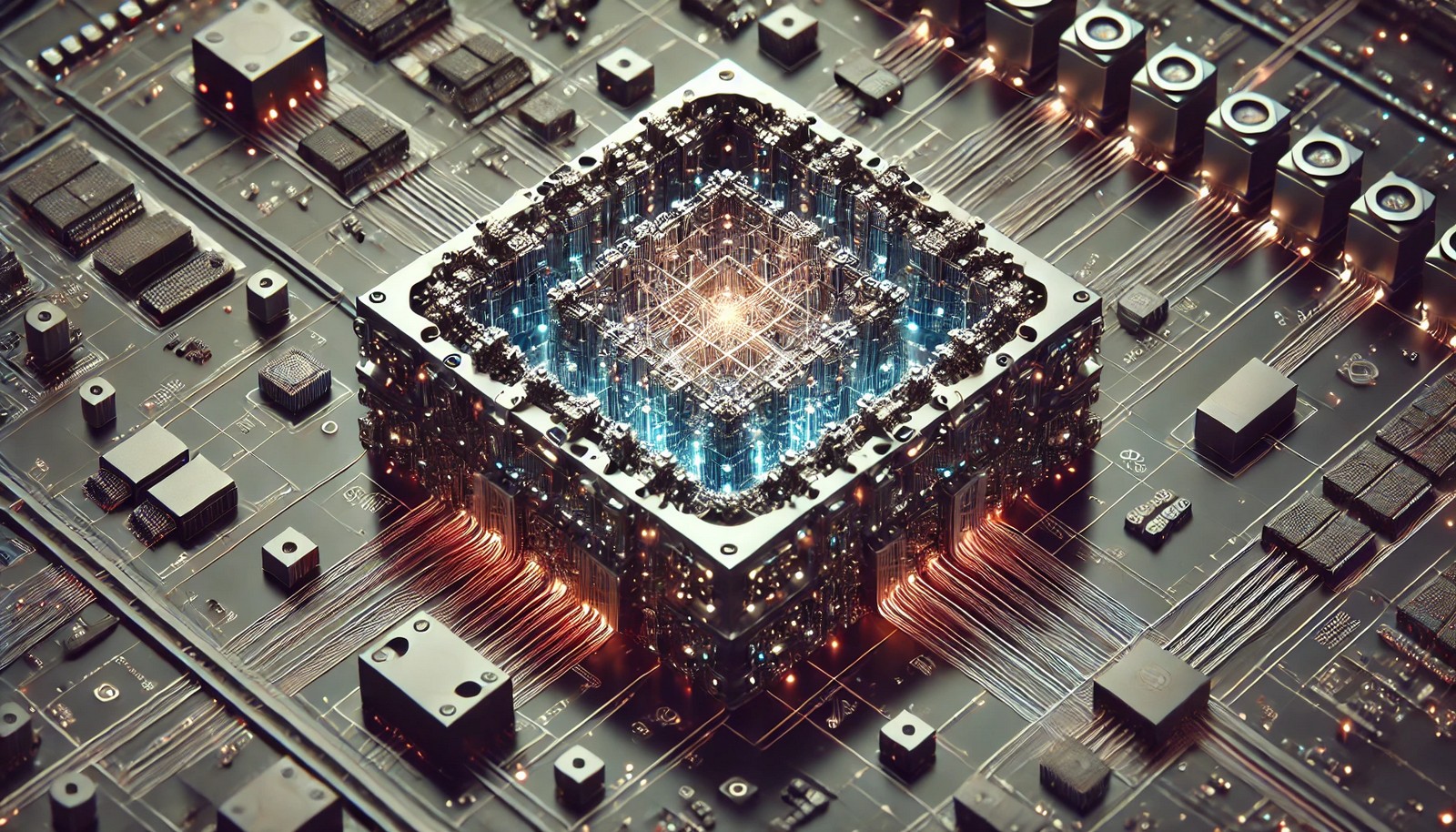 A 3D illustration of a quantum computer, showcasing a futuristic design with interconnected qubits and circuits. The intricate wiring and glowing data pathways highlight the complexity of quantum computations.