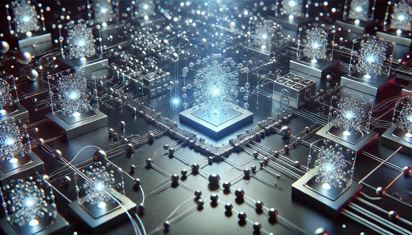 A 3D illustration of Quantum Machine Learning showing a futuristic computational matrix with quantum bits (qubits) interconnected by glowing pathways, representing the integration of quantum mechanics in machine learning.