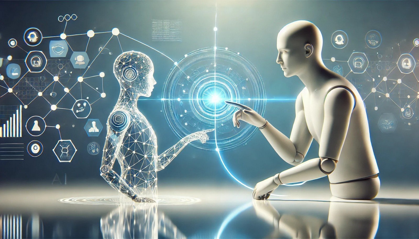 A 3D illustration of Augmented Intelligence, depicting a collaborative scene between a human and AI, connected by nodes and lines. The image conveys teamwork and shared insights in a futuristic setting.