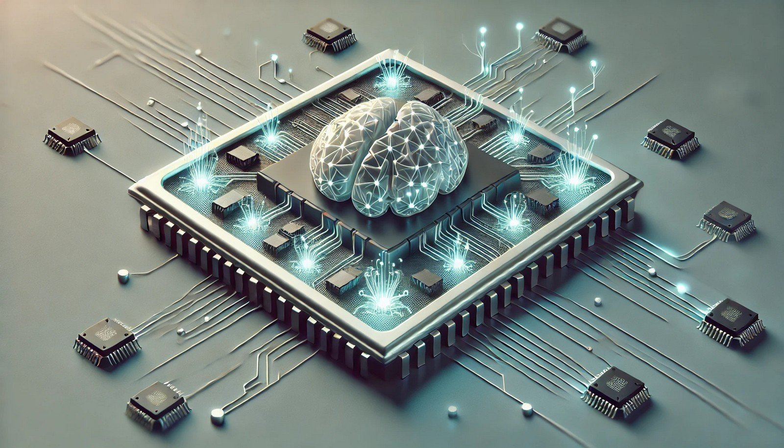 A 3D illustration of neuromorphic computing, showcasing a brain-inspired chip with glowing neural connections and nodes, representing energy-efficient, brain-like processing for advanced AI systems.