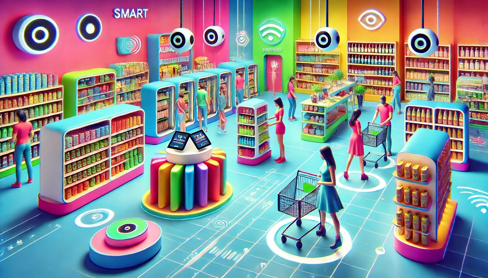 Colorful 3D illustration of a modern autonomous retail store, featuring smart shelves, automated checkout systems, sensors, and a vibrant, futuristic design with no people or cash registers.