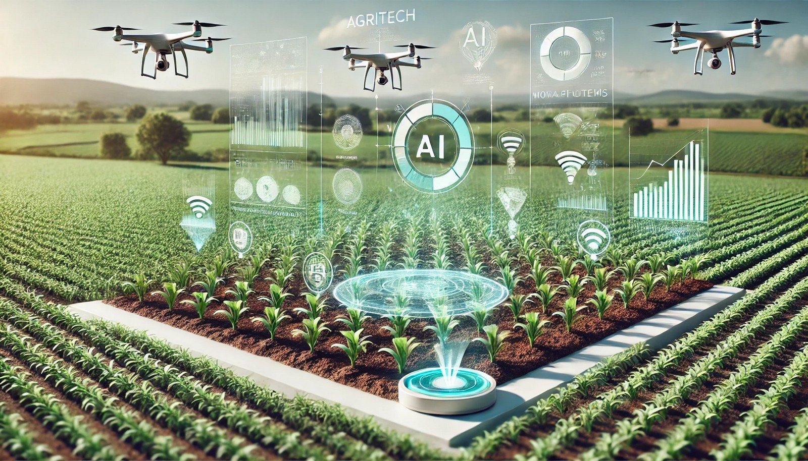 A 3D illustration of Agritech AI showing a smart field with drones monitoring crops, soil sensors, and a digital dashboard analyzing plant health and soil conditions, all in a lush, green setting.