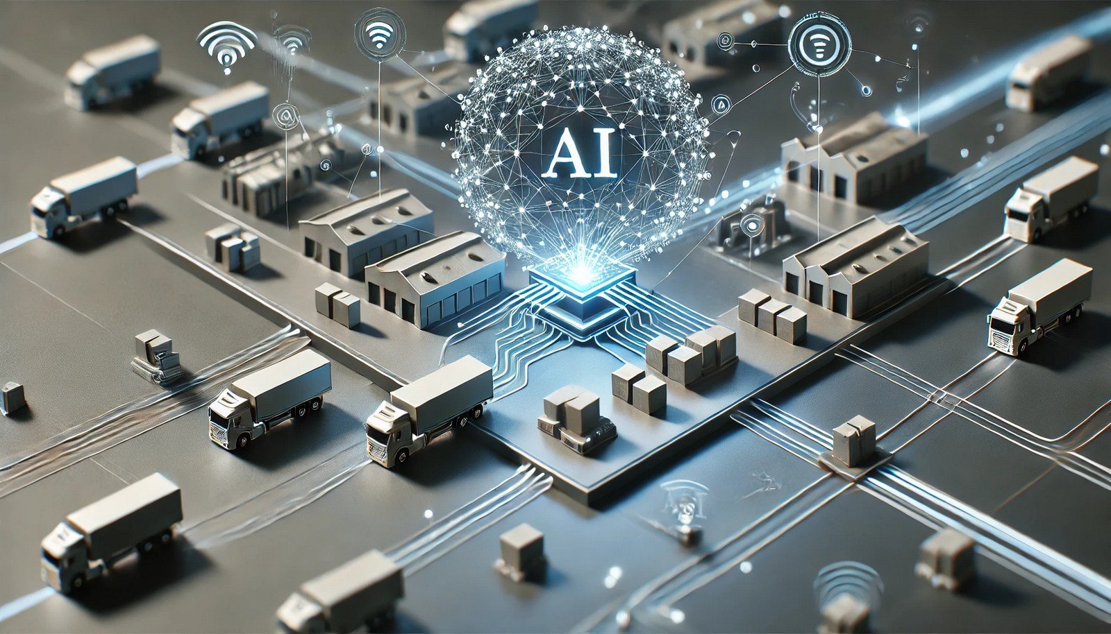 A clean 3D illustration of AI in Supply Chain, showcasing connected networks of warehouses and logistics routes with data visualizations, representing efficient goods flow and AI-driven optimization within the supply chain.