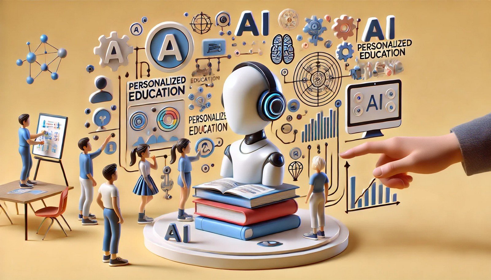 3D illustration of AI in education, showing an AI-driven avatar guiding students through personalized learning paths with interactive tools and data visualizations in a classroom setting.