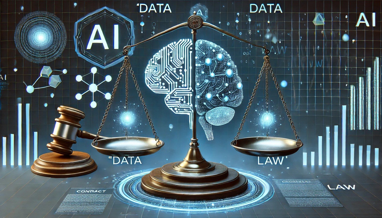 Here is another distinct 3D illustration depicting AI in the legal industry, with an abstract design symbolizing the balance between "Data" and "Law." Let me know if there’s anything else I can adjust!