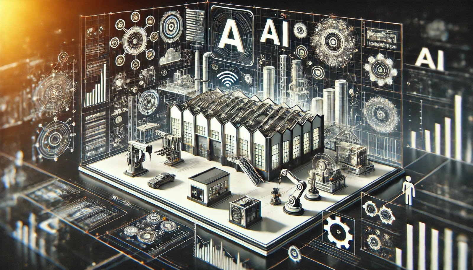 A clean 3D illustration of Industrial AI showing a futuristic industrial facility with interconnected machinery, data streams, and predictive analytics, highlighting AI-driven automation and precision.