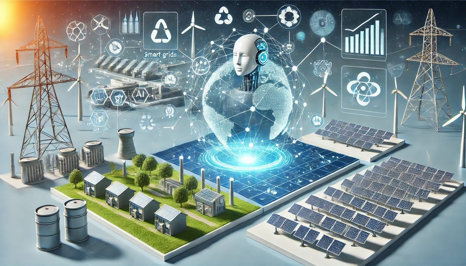 3D illustration showing AI managing energy with smart grids, solar panels, wind turbines, and a digital interface analyzing energy flow for optimized efficiency.