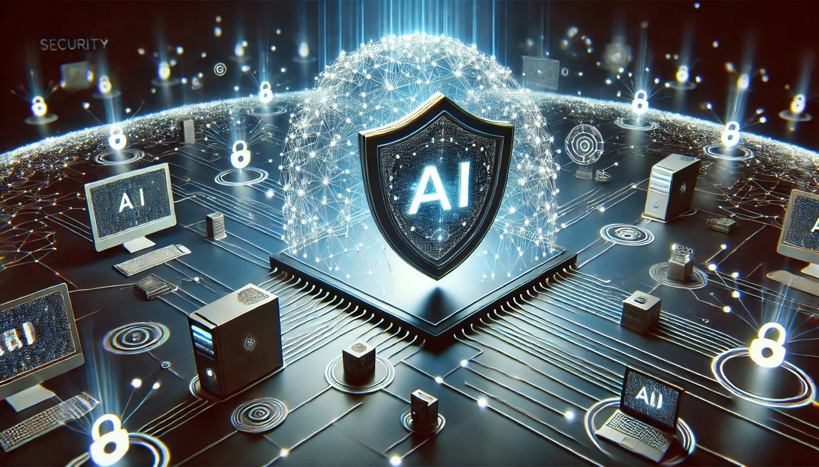 3D illustration of Security AI with a virtual guardian shield protecting interconnected digital devices, symbolizing AI-driven defense against cyber threats in a futuristic cyber environment.