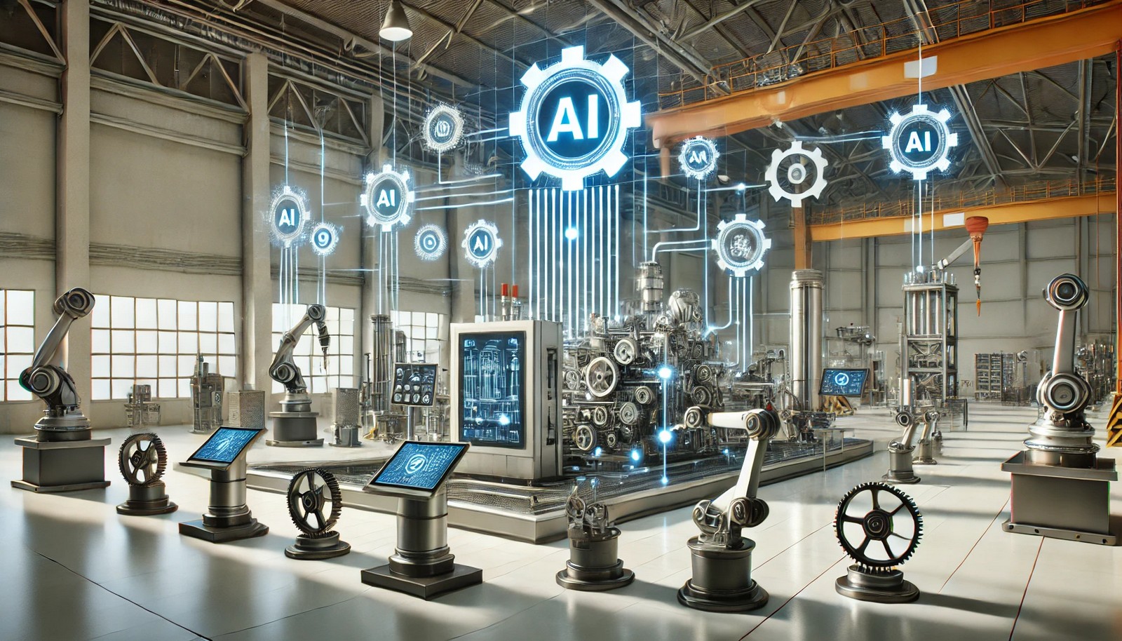 A clean 3D illustration of AI in predictive maintenance, featuring a factory setting with machinery, sensors, gears, and data flow lines representing AI-powered monitoring.